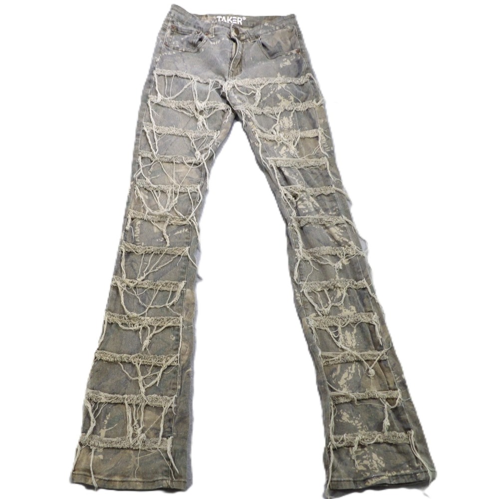 TAKER Camo Distressed Cutout Jeans Men W29xL38 Slim Flare Grunge Y2K Festival